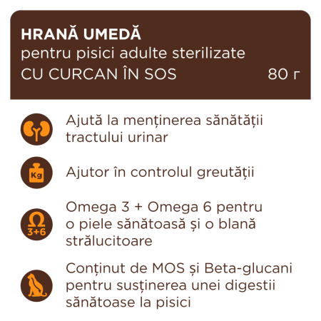Hrana umeda Premium pentru pisici sterilizate, CLUB 4 PAWS, Plic Curcan in sos, 80g [2]