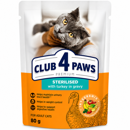 Hrana umeda pisici - Hrana umeda Premium pentru pisici sterilizate, CLUB 4 PAWS, Plic Curcan in sos, 80g