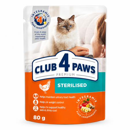Hrana umeda pisici - Hrana umeda Premium pentru pisici sterilizate, CLUB 4 PAWS, Plic Pui in sos, 80g