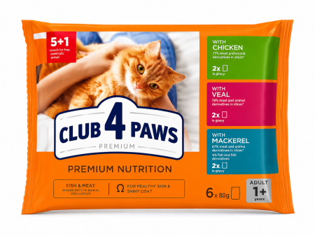 Hrana umeda pisici - Pachet economic 5+1 gratis, Hrana umeda completa pentru pisici, Club 4 Paws Premium, 6x80g