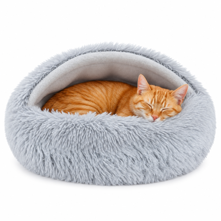 Accesorii caini - Pat Culcus Purlov pentru Pisici si Caini de Talie Mica, Plush Moale, Antiderapant, 44 x 38 x 6 cm, Gri