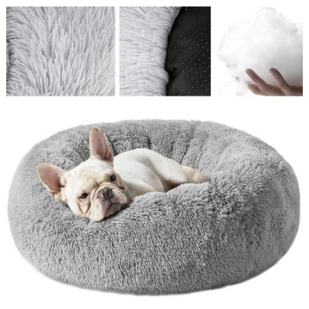 CAINI - Pat pufos pentru caine / pisica, Purlov Hairy, gri, M (Ø 54 cm), poliester + bumbac, anti-alunecare si confort termic