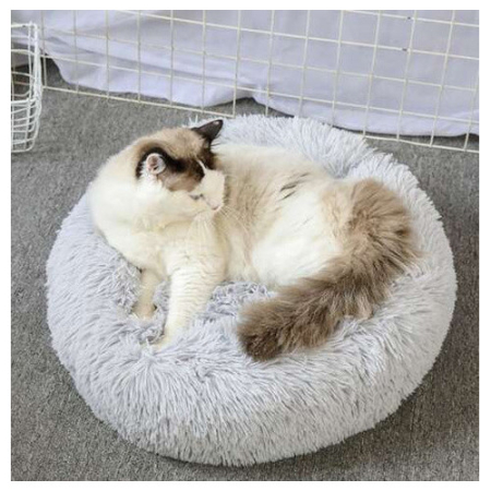 Pat pufos pentru caine / pisica, Purlov Hairy, gri, M (Ø 54 cm), poliester + bumbac, anti-alunecare si confort termic [1]