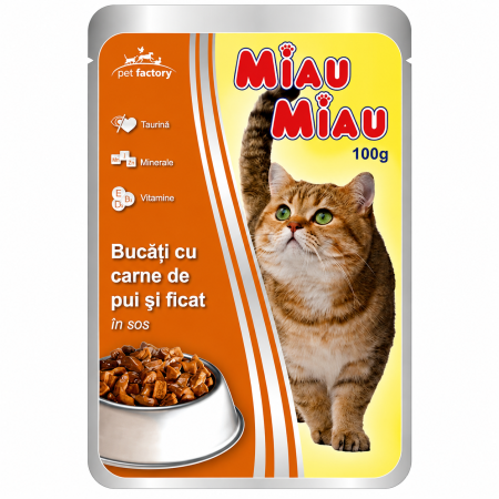 Hrana umeda pisici - PLIC MIAU MIAU CU PUI SI FICAT IN SOS - 100G