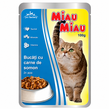 Hrana umeda pisici - PLIC MIAU MIAU CU SOMON IN SOS - 100G