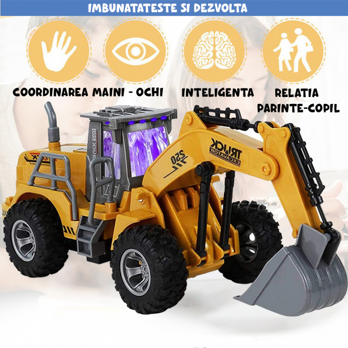 Excavator de jucarie cu Telecomanda RC Pitikot®, pentru copii cu incarcator frontal, cupa, Rotatie la 360°, cu functii complete controlate prin radio, cu lumina si sunet [3]
