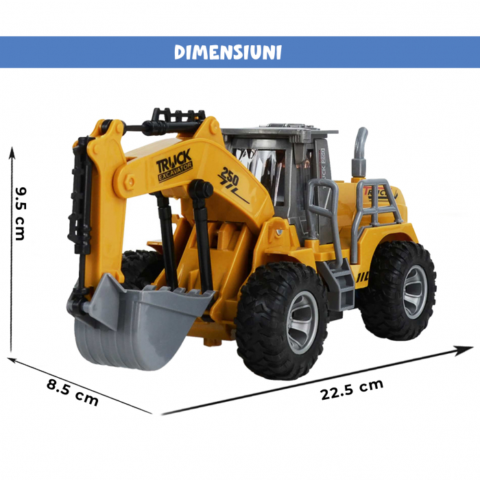 Excavator de jucarie cu Telecomanda RC Pitikot®, pentru copii cu incarcator frontal, cupa, Rotatie la 360°, cu functii complete controlate prin radio, cu lumina si sunet [8]