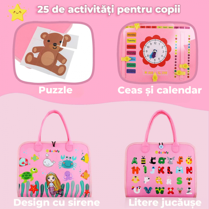 Jucarie interactiva Montessori tip gentuta cu multiple activitati - Roz [3]