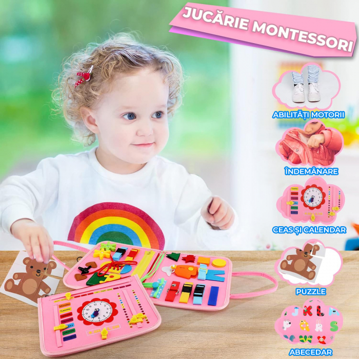 Jucarie interactiva Montessori tip gentuta cu multiple activitati - Roz [5]