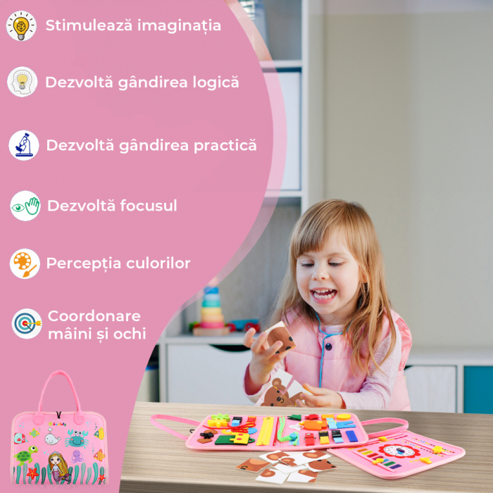 Jucarie interactiva Montessori tip gentuta cu multiple activitati - Roz [10]