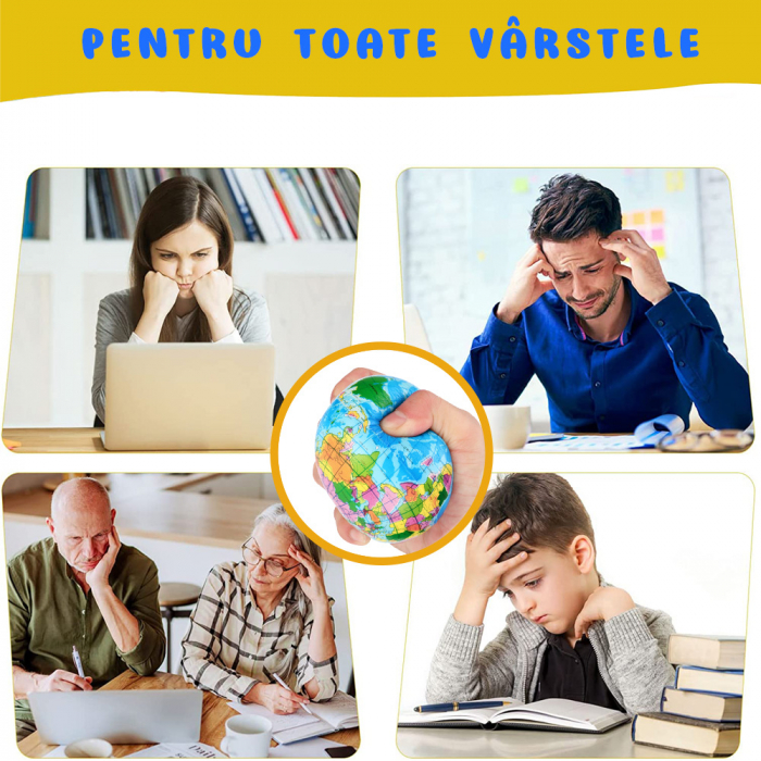 Jucarie squishy Pitikot® tip bila antistres, set de 12 bile senzoriale, cu emoticoane si culori vii, potrivite pentru diminuarea stresului sau anxietatii, multicolore, model glob pamantesc [4]