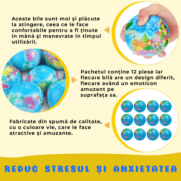 Jucarie squishy Pitikot® tip bila antistres, set de 12 bile senzoriale, cu emoticoane si culori vii, potrivite pentru diminuarea stresului sau anxietatii, multicolore, model glob pamantesc [2]