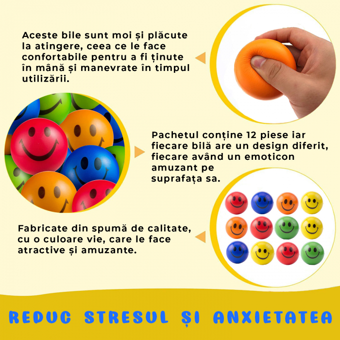 Jucarie squishy Pitikot® tip bila antistres, set de 12 bile senzoriale, cu emoticoane si culori vii, potrivite pentru diminuarea stresului sau anxietatii, Multicolor [2]