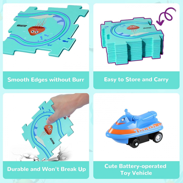 Set 15 piese cu masinuta, traseu puzzle racer, jucarie interactiva cu desene dinozauri, semne de circulatie si combinatii multiple, culoare Verde - Pitikot®️ [4]