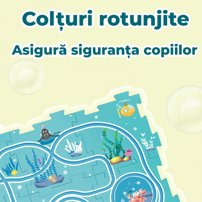 Set 15 piese cu masinuta, traseu puzzle racer, jucarie interactiva cu desene dinozauri, semne de circulatie si combinatii multiple, culoare Verde - Pitikot®️ [2]