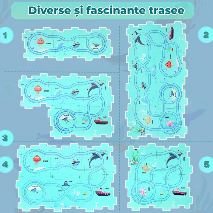 Set 15 piese cu masinuta, traseu puzzle racer, jucarie interactiva cu desene dinozauri, semne de circulatie si combinatii multiple, culoare Verde - Pitikot®️ [3]