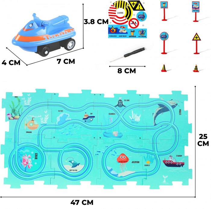 Set 15 piese cu masinuta, traseu puzzle racer, jucarie interactiva cu desene dinozauri, semne de circulatie si combinatii multiple, culoare Verde - Pitikot®️ [10]