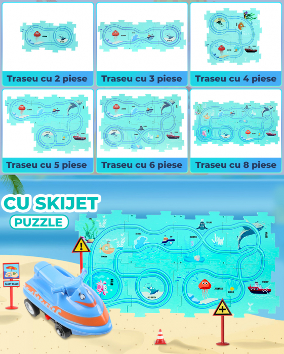 Set 15 piese cu masinuta, traseu puzzle racer, jucarie interactiva cu desene dinozauri, semne de circulatie si combinatii multiple, culoare Verde - Pitikot®️ [7]