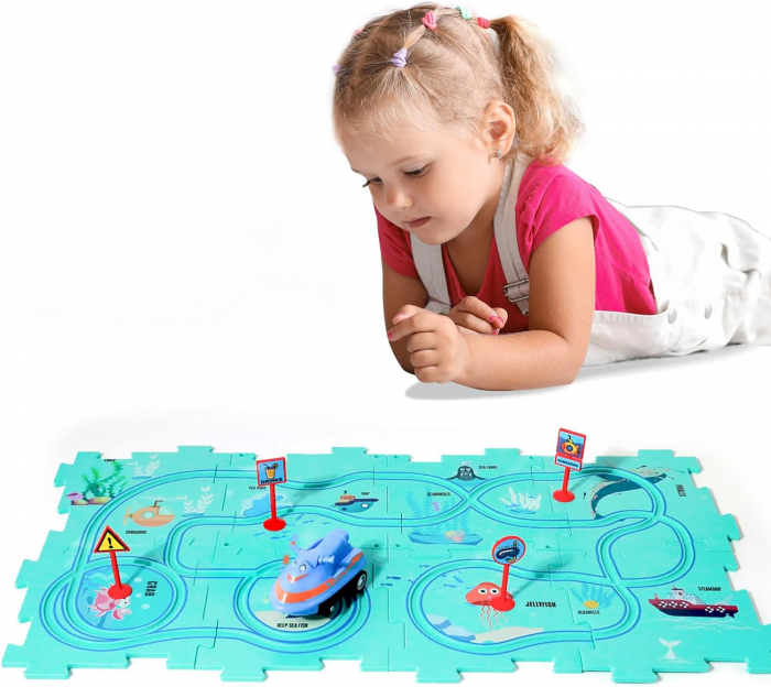 Set 15 piese cu masinuta, traseu puzzle racer, jucarie interactiva cu desene dinozauri, semne de circulatie si combinatii multiple, culoare Verde - Pitikot®️ [9]