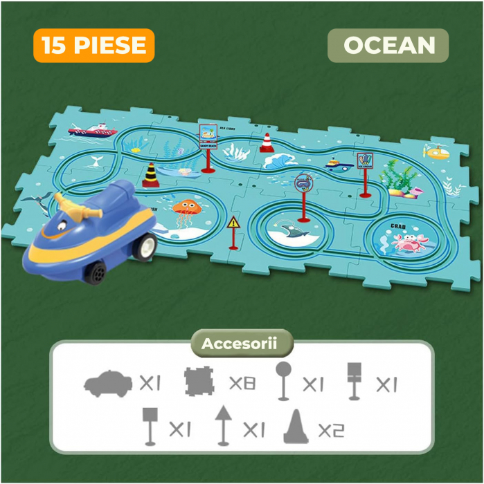 Set 15 piese cu masinuta, traseu puzzle racer, jucarie interactiva cu desene dinozauri, semne de circulatie si combinatii multiple, culoare Verde - Pitikot®️ [6]
