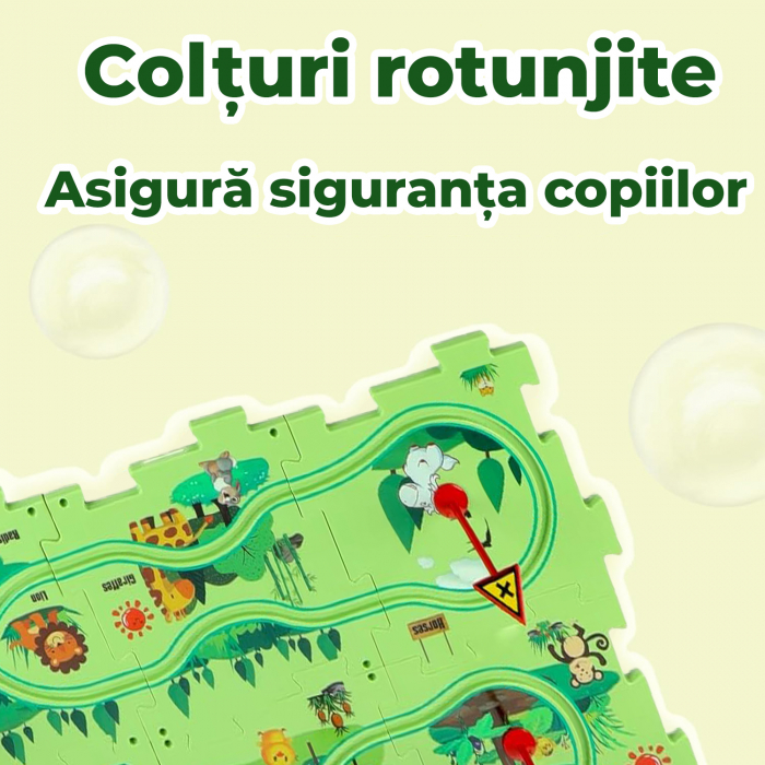 Set 15 piese cu masinuta, traseu puzzle racer, jucarie interactiva cu desene dinozauri, semne de circulatie si combinatii multiple, culoare Verde - Pitikot®️ [2]