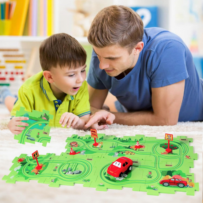 Set 15 piese cu masinuta, traseu puzzle racer, jucarie interactiva cu desene dinozauri, semne de circulatie si combinatii multiple, culoare Verde - Pitikot®️ [8]