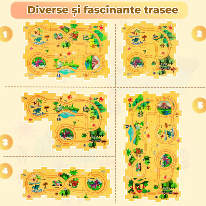 Set 15 piese cu masinuta, traseu puzzle racer, jucarie interactiva cu desene dinozauri, semne de circulatie si combinatii multiple, culoare Galben - Pitikot®️ [4]