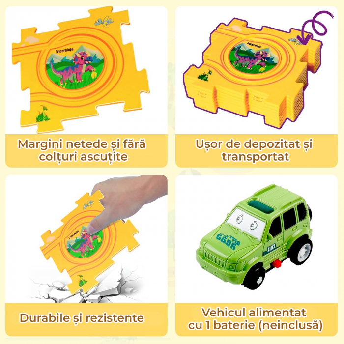 Set 15 piese cu masinuta, traseu puzzle racer, jucarie interactiva cu desene dinozauri, semne de circulatie si combinatii multiple, culoare Galben - Pitikot®️ [5]