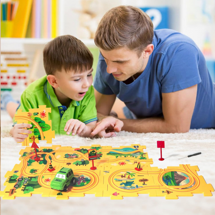 Set 15 piese cu masinuta, traseu puzzle racer, jucarie interactiva cu desene dinozauri, semne de circulatie si combinatii multiple, culoare Galben - Pitikot®️ [7]