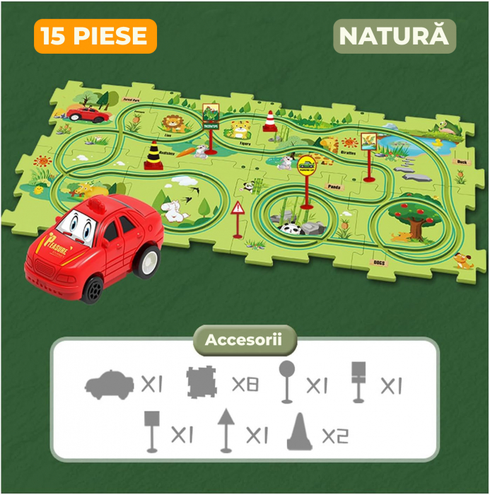 Set 15 piese cu masinuta, traseu puzzle racer, jucarie interactiva cu desene dinozauri, semne de circulatie si combinatii multiple, culoare Verde - Pitikot®️ [6]