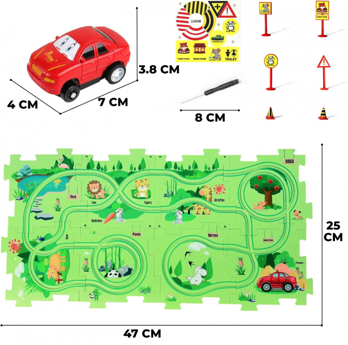 Set 15 piese cu masinuta, traseu puzzle racer, jucarie interactiva cu desene dinozauri, semne de circulatie si combinatii multiple, culoare Verde - Pitikot®️ [10]
