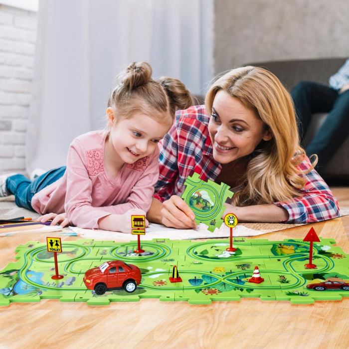 Set 15 piese cu masinuta, traseu puzzle racer, jucarie interactiva cu desene dinozauri, semne de circulatie si combinatii multiple, culoare Verde - Pitikot®️ [9]