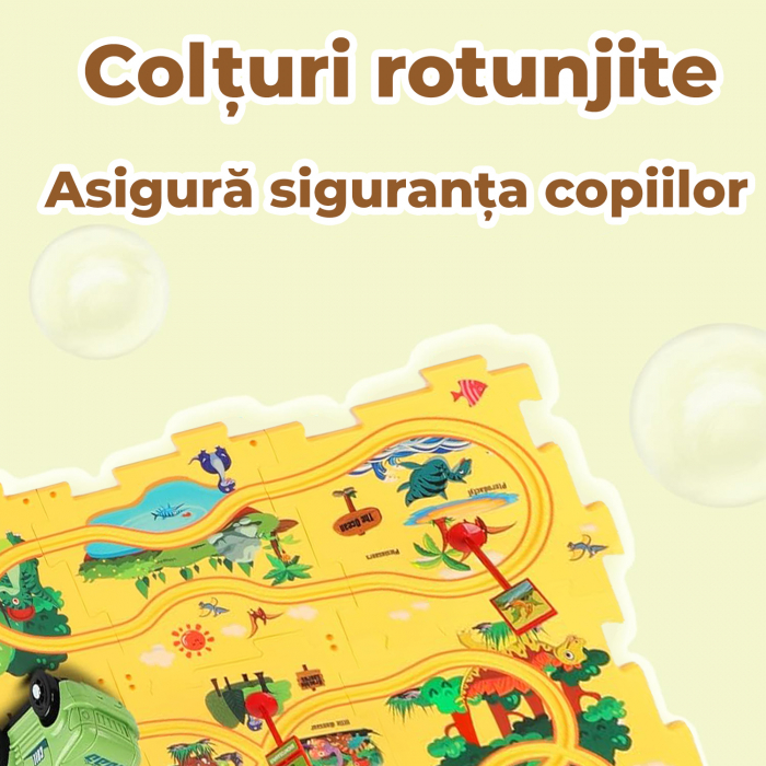 Set 15 piese cu masinuta, traseu puzzle racer, jucarie interactiva cu desene dinozauri, semne de circulatie si combinatii multiple, culoare Galben - Pitikot®️ [2]