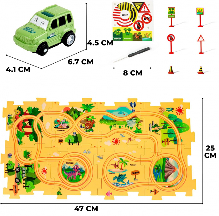 Set 15 piese cu masinuta, traseu puzzle racer, jucarie interactiva cu desene dinozauri, semne de circulatie si combinatii multiple, culoare Galben - Pitikot®️ [9]