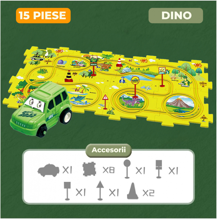 Set 15 piese cu masinuta, traseu puzzle racer, jucarie interactiva cu desene dinozauri, semne de circulatie si combinatii multiple, culoare Galben - Pitikot®️ [6]