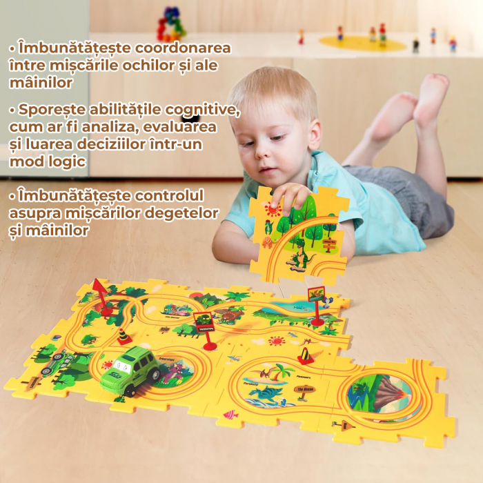 Set 15 piese cu masinuta, traseu puzzle racer, jucarie interactiva cu desene dinozauri, semne de circulatie si combinatii multiple, culoare Galben - Pitikot®️ [8]