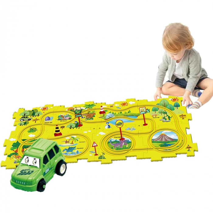 Set 15 piese cu masinuta, traseu puzzle racer, jucarie interactiva cu desene dinozauri, semne de circulatie si combinatii multiple, culoare Galben - Pitikot®️ [3]
