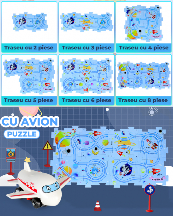 Set 15 piese cu masinuta, traseu puzzle racer, jucarie interactiva cu desene dinozauri, semne de circulatie si combinatii multiple, culoare Verde - Pitikot®️ [7]