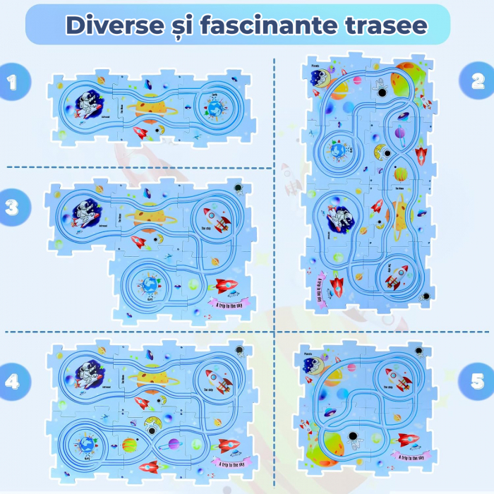 Set 15 piese cu masinuta, traseu puzzle racer, jucarie interactiva cu desene dinozauri, semne de circulatie si combinatii multiple, culoare Verde - Pitikot®️ [3]