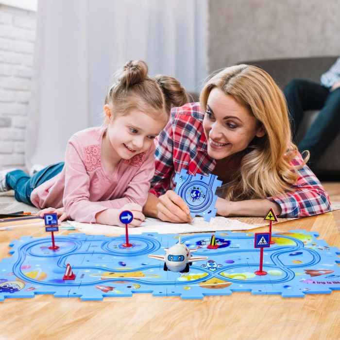 Set 15 piese cu masinuta, traseu puzzle racer, jucarie interactiva cu desene dinozauri, semne de circulatie si combinatii multiple, culoare Verde - Pitikot®️ [8]