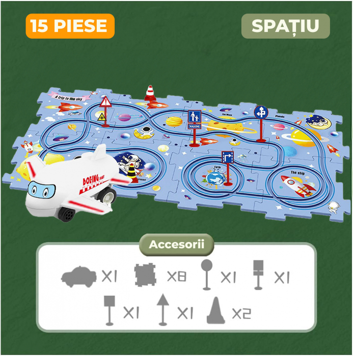 Set 15 piese cu masinuta, traseu puzzle racer, jucarie interactiva cu desene dinozauri, semne de circulatie si combinatii multiple, culoare Verde - Pitikot®️ [5]