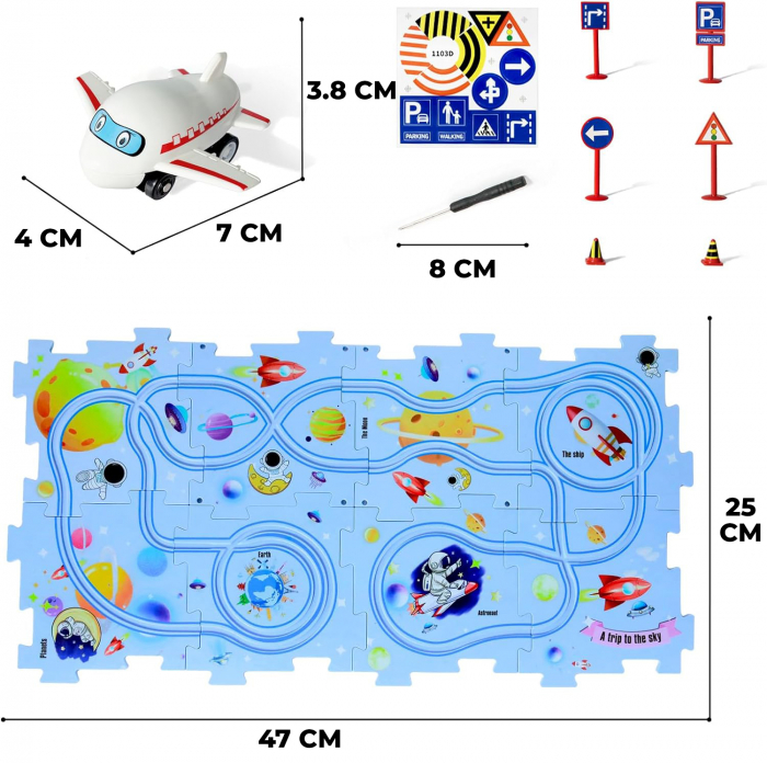 Set 15 piese cu masinuta, traseu puzzle racer, jucarie interactiva cu desene dinozauri, semne de circulatie si combinatii multiple, culoare Verde - Pitikot®️ [9]