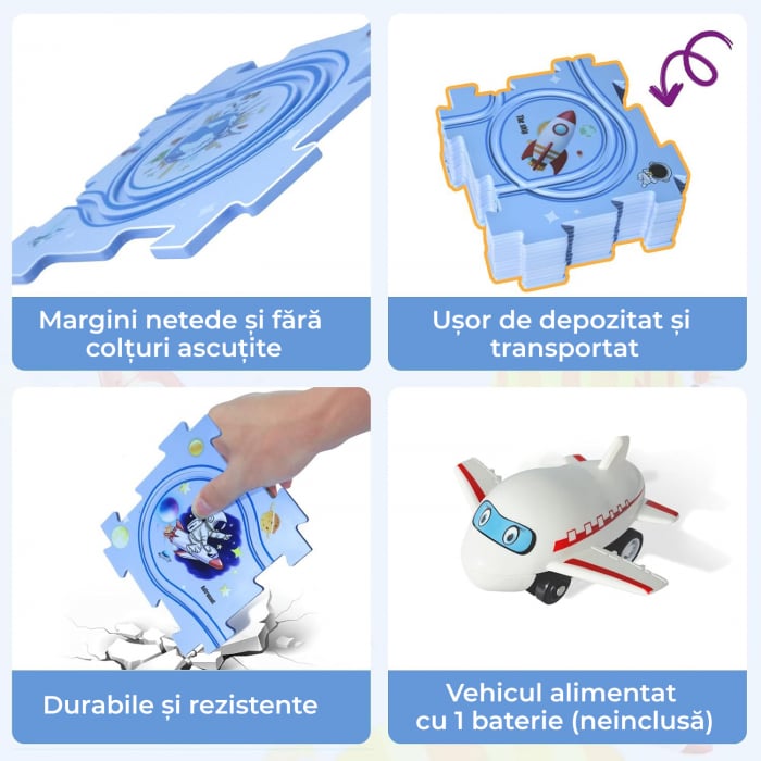 Set 15 piese cu masinuta, traseu puzzle racer, jucarie interactiva cu desene dinozauri, semne de circulatie si combinatii multiple, culoare Verde - Pitikot®️ [4]