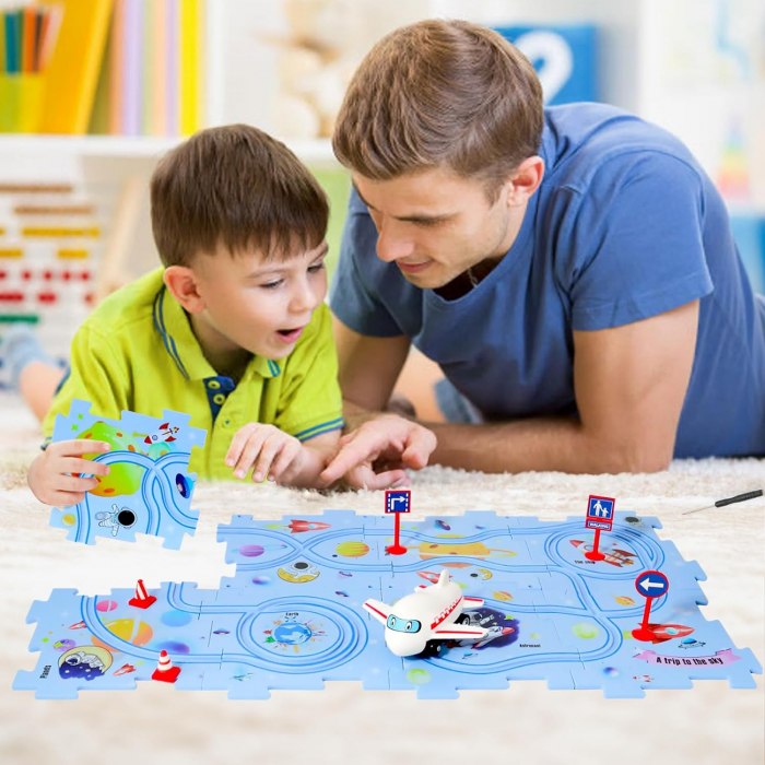 Set 15 piese cu masinuta, traseu puzzle racer, jucarie interactiva cu desene dinozauri, semne de circulatie si combinatii multiple, culoare Verde - Pitikot®️ [6]