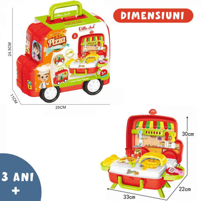 Set bucatarie de jucarie Pitikot®, educationala, interactiva cu accesorii, cu depozitare sau portabila in gentuta, forma de masinuta, microbus fast food cu pizza si cuptor, 21 piese [2]