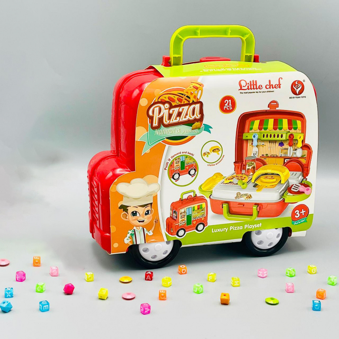 Set bucatarie de jucarie Pitikot®, educationala, interactiva cu accesorii, cu depozitare sau portabila in gentuta, forma de masinuta, microbus fast food cu pizza si cuptor, 21 piese [5]