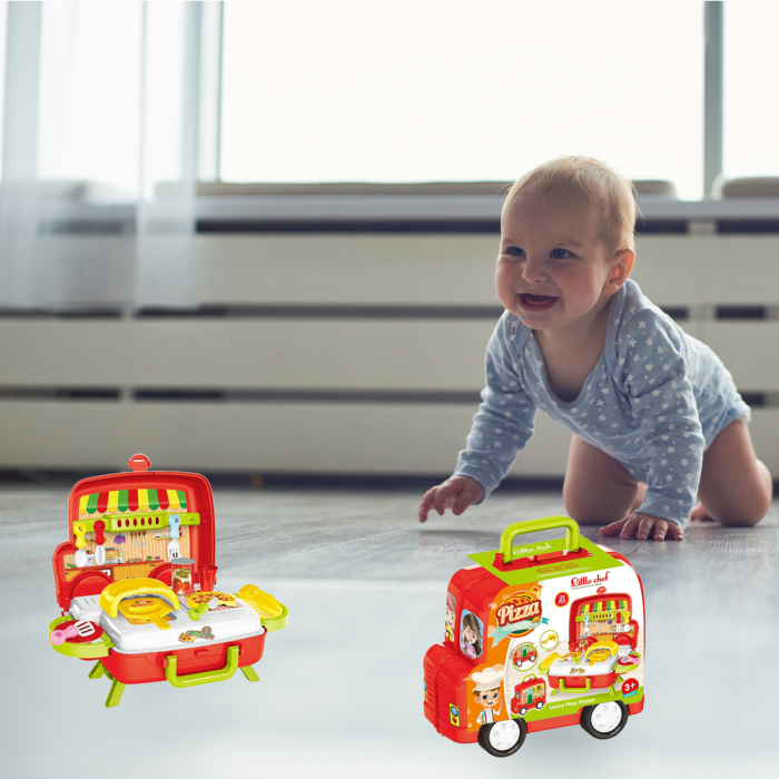 Set bucatarie de jucarie Pitikot®, educationala, interactiva cu accesorii, cu depozitare sau portabila in gentuta, forma de masinuta, microbus fast food cu pizza si cuptor, 21 piese [3]