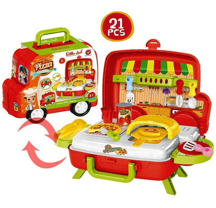 Set bucatarie de jucarie Pitikot®, educationala, interactiva cu accesorii, cu depozitare sau portabila in gentuta, forma de masinuta, microbus fast food cu pizza si cuptor, 21 piese [6]