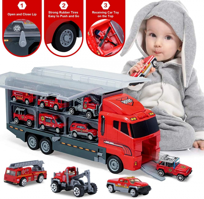 Set camion trailer de jucarie pentru transport, Rosu [7]