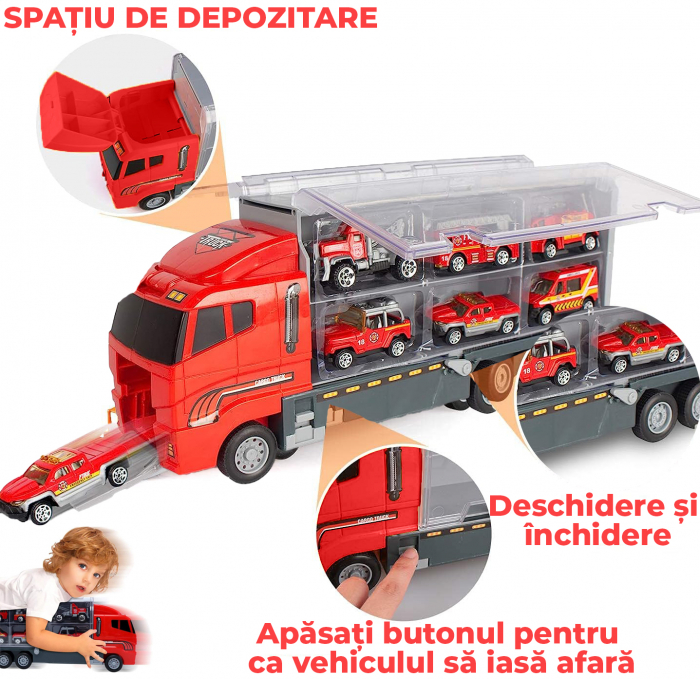 Set camion trailer de jucarie pentru transport, Rosu [2]